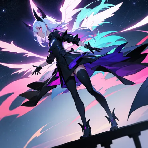 Night fury in human form with wings female version, walking on the top of a railing at night with stars and neon colors