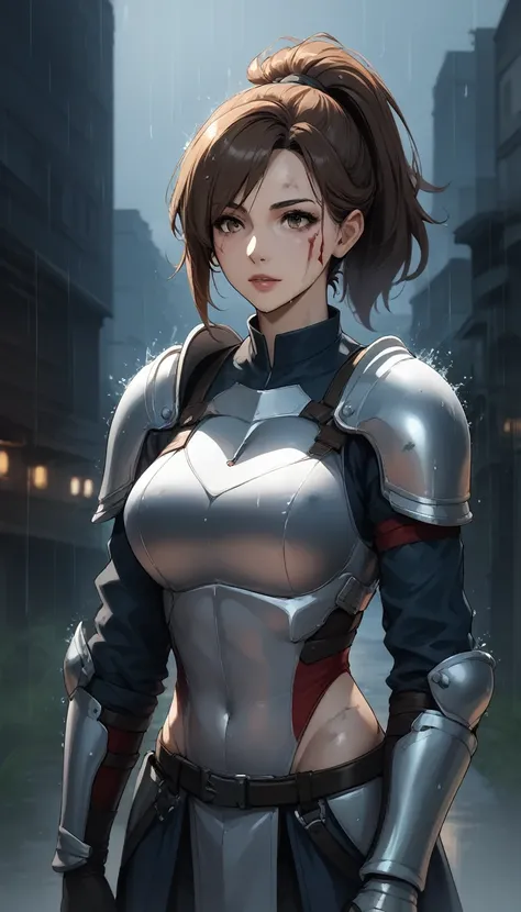 (ultra-detailed:1.2, masterpiece:1.2, best quality:1.2, highres:1.2), warzone background, scenery, raining, 1girl, small , brown hair, ponytail, armor clothes, chestplate, dirty face, blood stains, dark sky