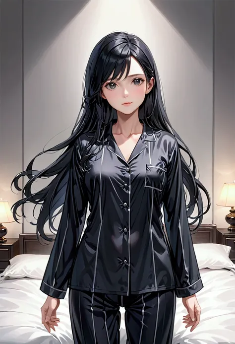 Mature Girl with long black hair with silver highlight, dark onyx eyes,tall rectangular body figure, pajamas