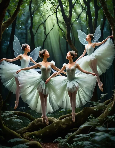 Four ethereal figures, their bodies adorned by diaphanous tutus, grace through a moonlit forest. Swirling spotlights filter through the tree canopy, casting ethereal shadows on their lithe forms. The graceful poses and flowing fabrics evoke a ballet perfor...