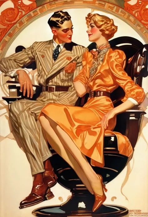 there is a poster of a man and a woman sitting on chairs., magazine cover art, joseph leyendecker, leyendecker, j c leyendecker,...