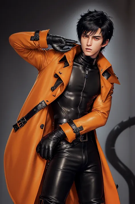 Final fantasy taste and reality graphics, ((Japanese young cute and cool ikemen  boy)), his age is early 20s, thin eyebrows and beady eyes,  ((he wearing orange beige color  thick and heavy material trench coat with black color neck fur)),((fur color is bl...