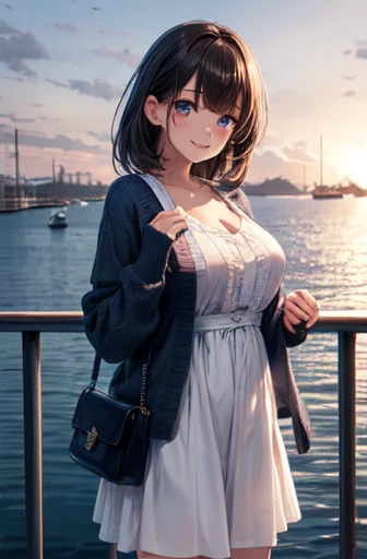 very cute and beautiful girl,(Very exquisite beautiful face and eyes),
A white summer dress with fine lace and frills,(Navy blue bolero cardigan),Are standing,
On the side of the road in a seaside town,port,Marina,Beautiful summer sky,
(smile),Black Hair,M...