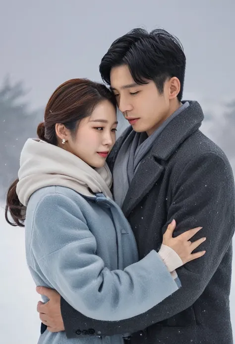 Romantic K-Drama photography style, korean，best quality,8K,high resolution,Very detailed，very clearly，Snowy Day，（Warm and lively atmosphere）， Delicate texture，Smooth visible velvet，Wear pearl jewelry，High-end decoration，The male and female protagonists hug...