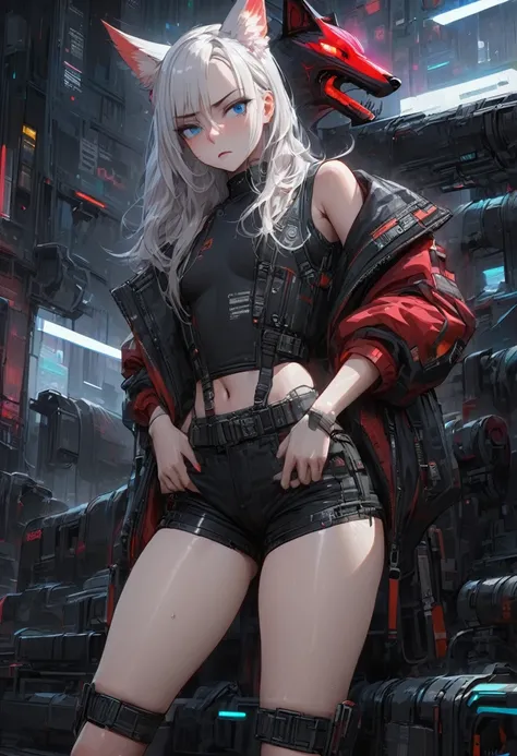 Young girl with white hair and blue eyes, indifferent expression, queen style, cyberpunk, black top, vest and shorts, high quality masterpiece, high details, Red Wolf