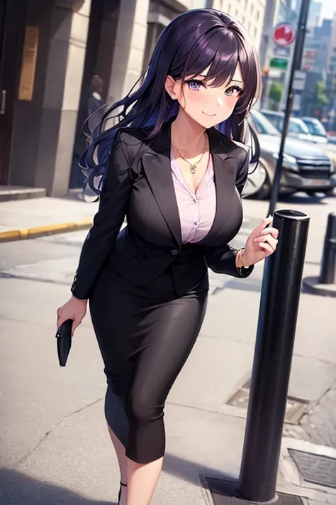 ((masterpiece, best quality, ultra-detailed)), 1girl, beautiful business woman walking in city, smiling, blush, wearing pink blouse, blazer, bracelet, necklace, black midi pencil skirt, black suit skirt, heels, full body, wavy purple hair, back turned