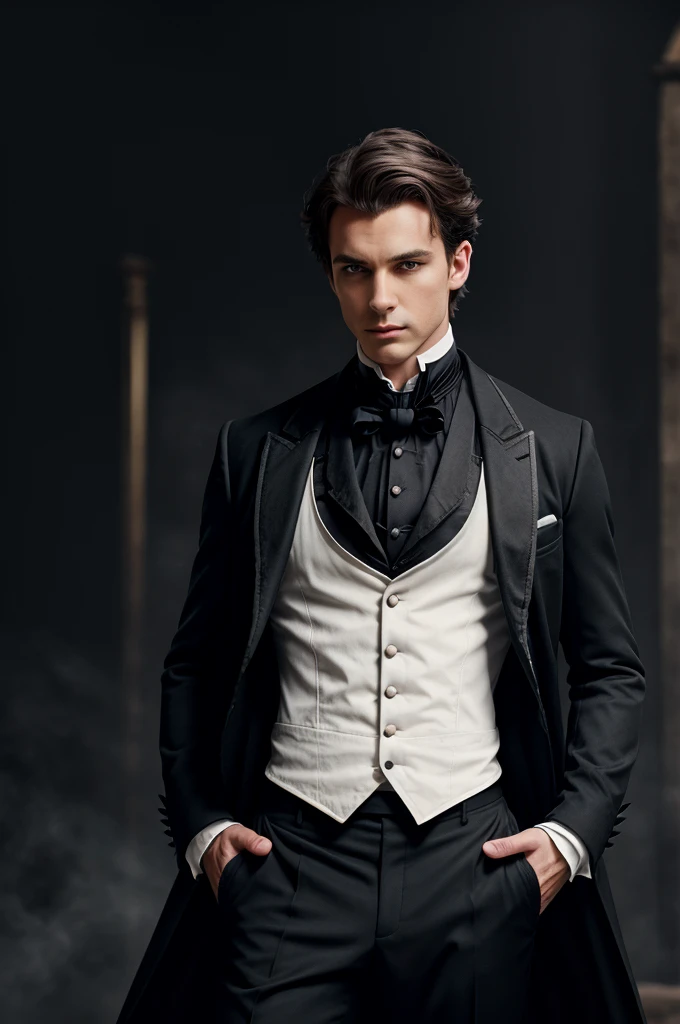 Victorian style clothing, dark tailcoat with white shirt and black pantaloons.
Man in his mid 20s, misty background, dynamic background, realistic, dynamic lighting, mysterious, cool