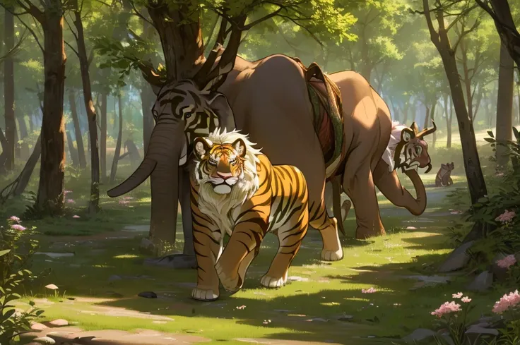 a rabbit, a deer, an elephant, a tiger, a lion, a snake walking in a dry, desolate forest, (best quality,4k,8k,highres,masterpiece:1.2),ultra-detailed,(realistic,photorealistic,photo-realistic:1.37),intricate details, detailed animal anatomy, bad forest, d...