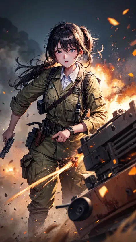 Firing a machine gun on the battlefield、A wounded female soldier fights desperately。Bloody。