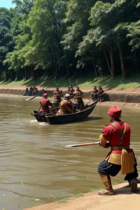 Visual: (Reenactment of Ahom warriors preparing defenses along the river banks, setting up cannons and war boats.)