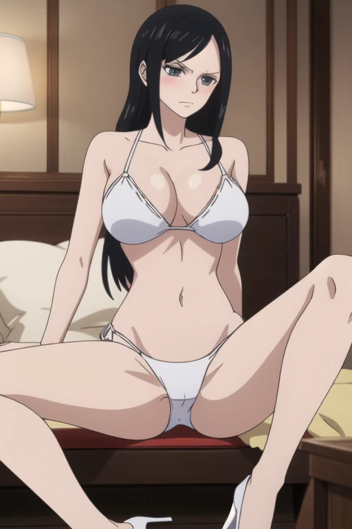 Nico Robin, Slicked back hair, Large Breasts, mature　Take off your clothes　White Bikini　　White high heels　　Exposing shoulders　Exposing breasts　Long legs　　　Sit and spread your legs　Hotel Bedroom　blush　stare　pussyfocus