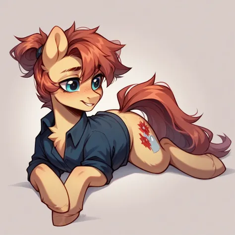 My little pony OC, wild pony, cuddly, masculine gender but with a somewhat feminine appearance, wearing a feminine outfit, femboy