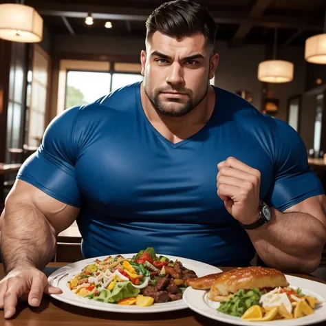 a very handsome man, with a haircut, fat, massively muscular, with massively large muscles, blue shirt, sitting on a restaurant table full of food, seen from very close up