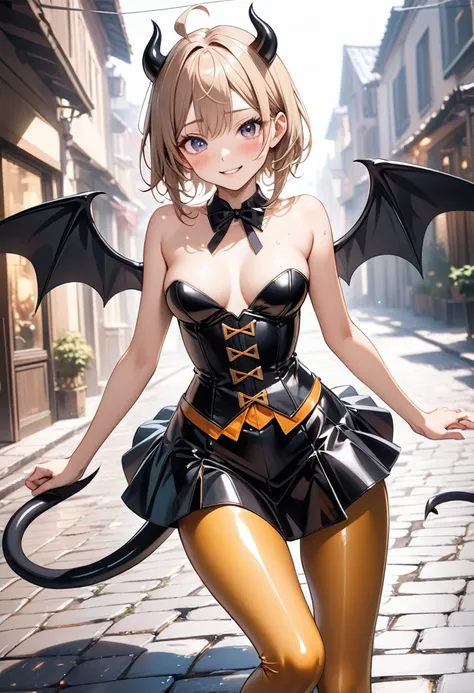 (((little devil costume), (black Devil wings), (black devil tail), (latex skirt), (gold pantyhose), corset costume)), skinny, solo, 1 woman, Masterpiece, highest quality, highest quality, 16K, incredibly absurd, highly detailed, 2.5D, ai-generated, delicat...