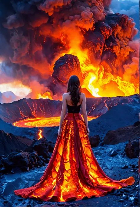 A dim volcano in the background，A long skirt made of magma，Beautiful goddess，Sharp color contrast