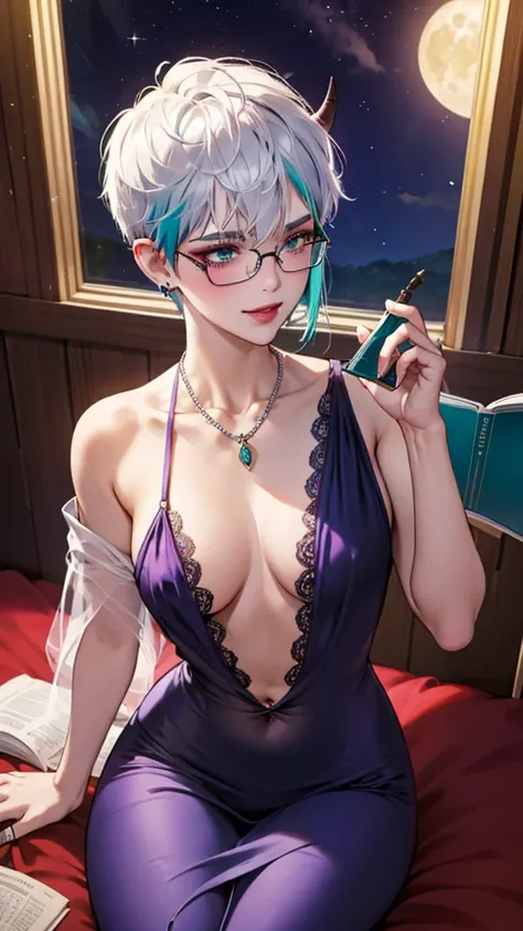 8k, masterpiece, best quality, highly detailed, 1 girl, tiefling, warlock, pixie cut, multicolored hair, very short straight hair green highlight hair on white hair, strippled hair, wearing glasses, round glasses, earrings, navel piercing, night gown, red ...