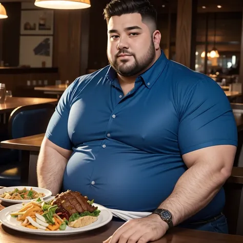 a very handsome man, with a haircut, massively fat, with a massively large, massively large belly, blue shirt stained with food, sitting on a restaurant table full of food, seen from very close up