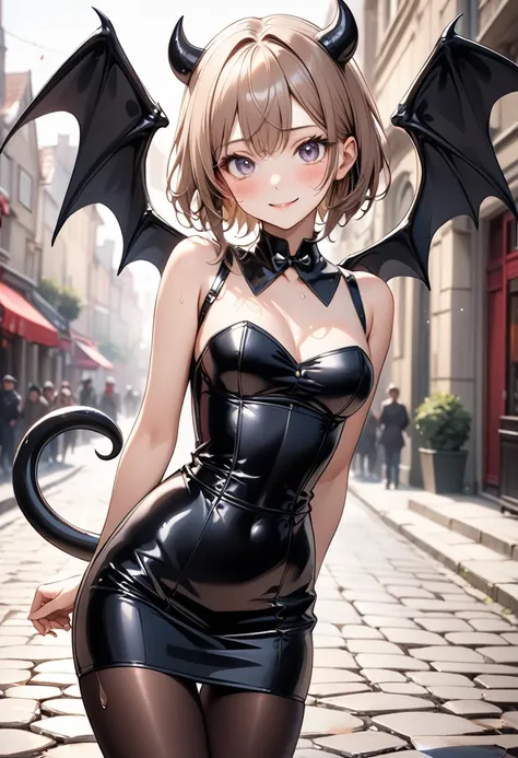 (((little devil costume), (black Devil wings), (black devil tail), (latex skirt), (pantyhose), corset costume)), skinny, solo, 1 woman, Masterpiece, highest quality, highest quality, 16K, incredibly absurd, highly detailed, 2.5D, ai-generated, delicate and...