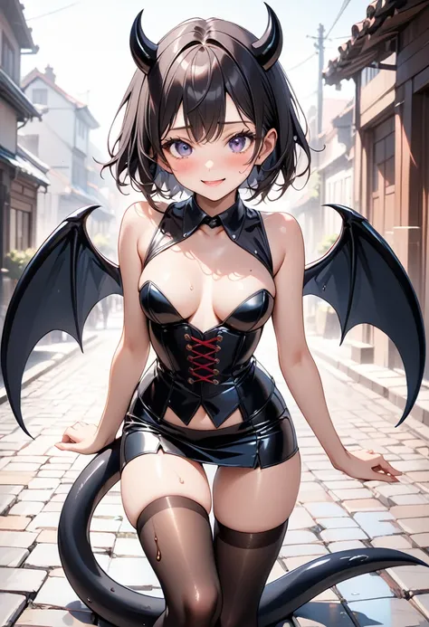 (((little devil costume), (black Devil wings), (black devil tail), (latex skirt), (pantyhose), corset costume)), skinny, solo, 1 woman, Masterpiece, highest quality, highest quality, 16K, incredibly absurd, highly detailed, 2.5D, ai-generated, delicate and...