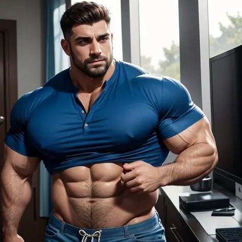 a very handsome man, with a haircut, massively muscular, with massively large muscles, with massively large belly, massively large, blue shirt, seen very close up