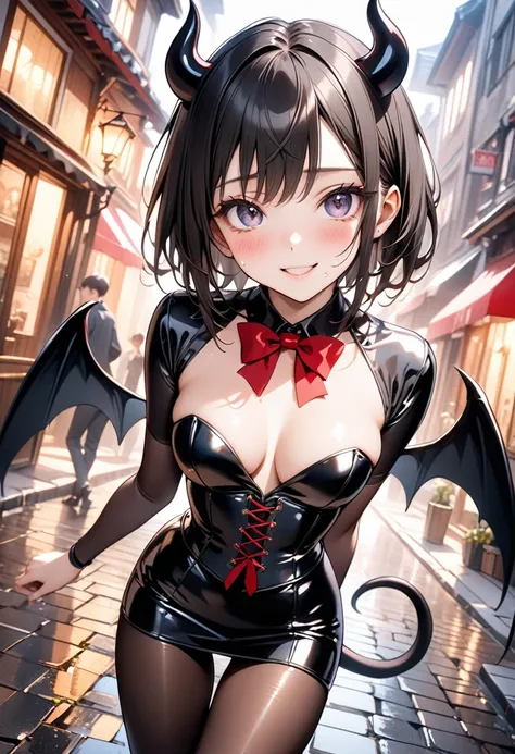 (((little devil costume), (black Devil wings), (black devil tail), (latex skirt), (pantyhose), corset costume)), skinny, solo, 1 woman, Masterpiece, highest quality, highest quality, 16K, incredibly absurd, highly detailed, 2.5D, ai-generated, delicate and...