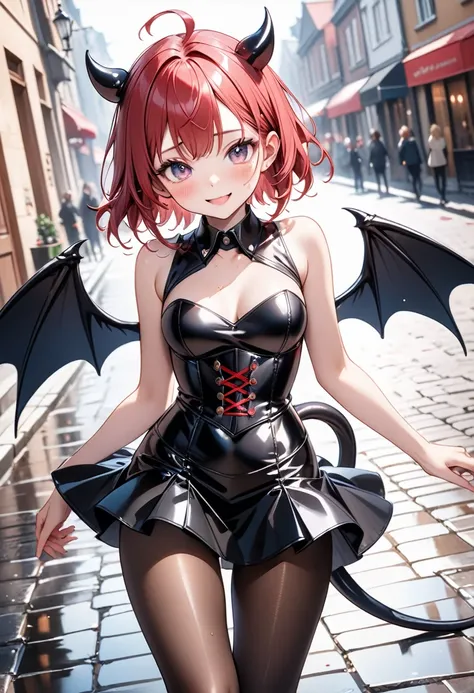 (((little devil costume), (black Devil wings), (black devil tail), (latex skirt), (pantyhose), corset costume)), skinny, solo, 1 woman, Masterpiece, highest quality, highest quality, 16K, incredibly absurd, highly detailed, 2.5D, ai-generated, delicate and...