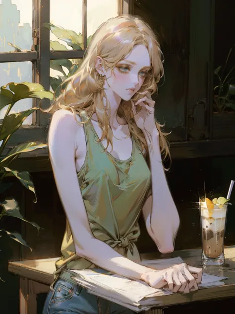 A woman sitting outside at a café table. She is wearing a white tank top and blue denim shorts. Her blonde hair is tied back in a high ponytail, and she is wearing large black sunglasses. In front of her on the table is a large yellow cup with a green drin...