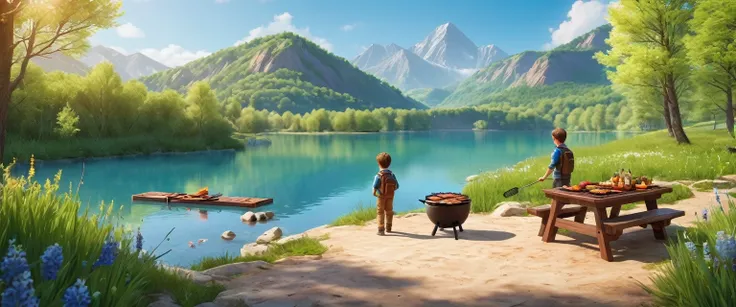 (1 boy:1.3)，journey，real picture，Палаaccurate лагерь，Spring Walk，lake，Natural scenes，barbecue，Blue sky natural background，clay materials，clean background，Horizontal design，3d，C4D，Blender，natural light，Light group photo，Very high detail with edge lighting.，...