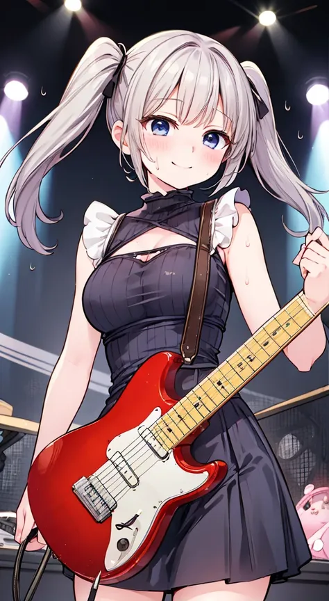 highest quality,masterpiece,the alfee,twin neck guitar,playing electric guitar,１people girls,cute,twin tails,anime style,large b...