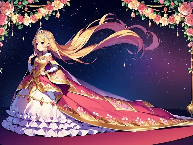 best quality,(long train cape:1.15),(long train ball gown with floral decoration:1.15), a girl is wearing a cape over her dress, anime style, rococo style, little princess, tiara, kind smile, very long hair, small breast, perfect fingers, masterpiece