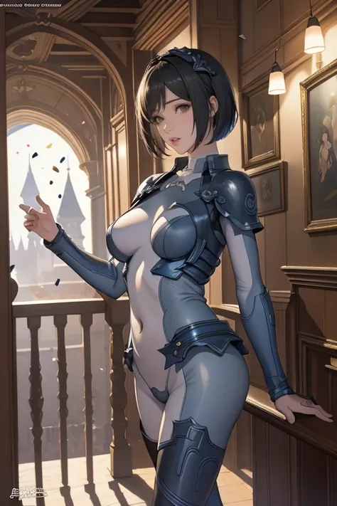 Highest quality, Official Art, masterpiece, Fabric Shading, High resolution, Very detailed, colorful, Best details, Fantasy, suit, Song Joo A:1.5, 1 female, Age 25, Standing on the stairs,Pub with castle view, Many Stars々Shining night,short hair, bob cut, ...