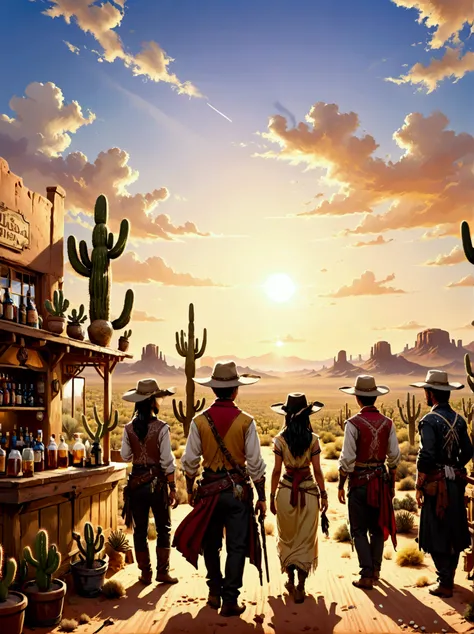 A picturesque role-playing scene，The majestic wild landscape of Arizona is in the background。Let&#39;s imagine，The endless desert plains are bathed in the warm golden light of the setting sun，Cacti dot the horizon。A group of people from different origins，M...