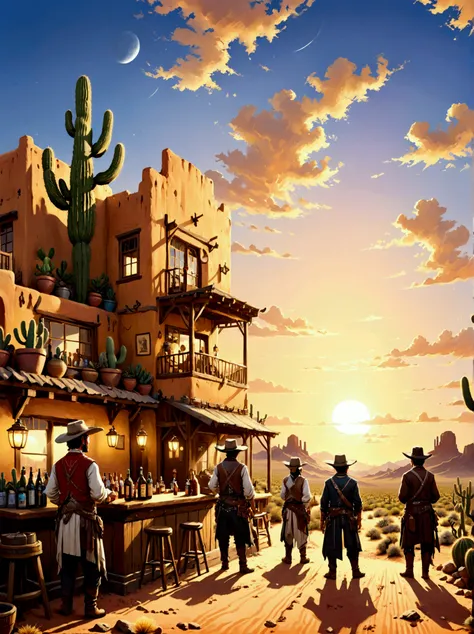 A picturesque role-playing scene，The majestic wild landscape of Arizona is in the background。Let&#39;s imagine，The endless desert plains are bathed in the warm golden light of the setting sun，Cacti dot the horizon。A group of people from different origins，M...