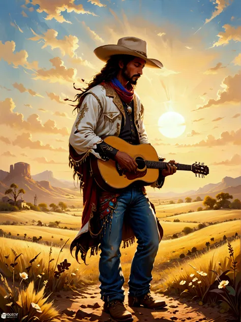 A Middle-Eastern cowboy, adorned in traditional cowboy attire with a wide-brimmed hat, weathered boots, and a rugged jeans standing on a vast field. His hands mastering the chords of an acoustic guitar as one would expect from a seasoned musician. He is fa...