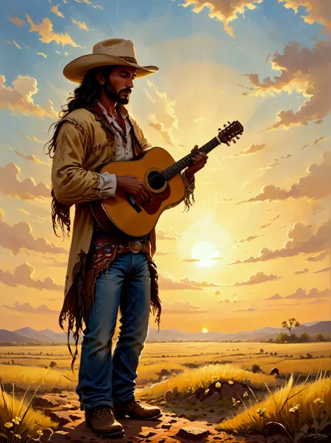 a middle-eastern cowboy, adorned in traditional cowboy attire with a wide-brimmed hat, weathered boots, and a rugged jeans stand...