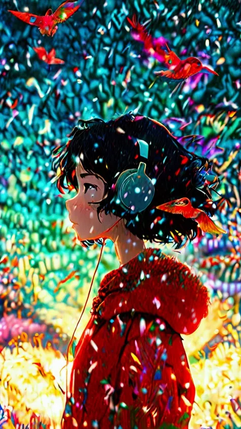 Feathers Fall、Ghibli-style images、One girl, High resolution, Black Hair、,  Highest quality, headphone、Flying in the night sky