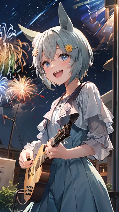 masterpiece, highest quality, high resolution, very detailed,(((seiun sky))), (((i have a guitar。)))、(((night)))、(((smile)))、(((...