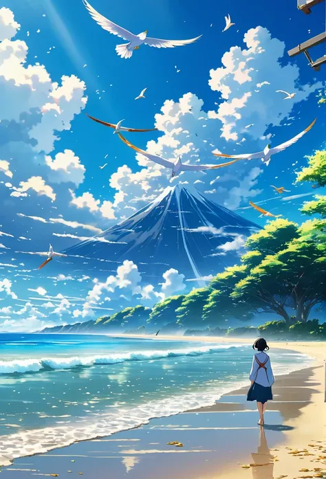 Well detailed anime landscape, The 100 series poster style with people falling from the sky, Os 100, people falling to the sky, beautiful horizon on the beach, floating wing feathers
 falling seen from afar, clouds, small with brush strokes, serene sky ani...