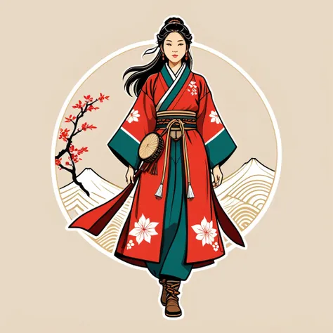 female	pathfinder	in japanese folk outfit	,vector graphics, strong contours, logo design																						