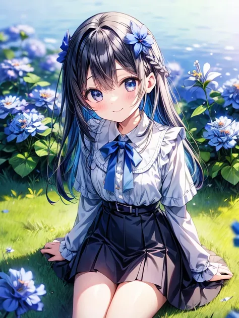 Black Hair Girl、Braid、Sitting upright on the grass、Look up and smile、Shy expression、Blue nemophila flowers bloom all around