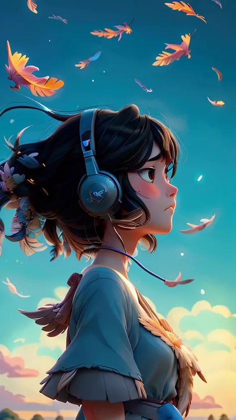 Feathers Fall、Ghibli-style images、One girl, High resolution, Black Hair、,  Highest quality, headphone、Flying in the night sky