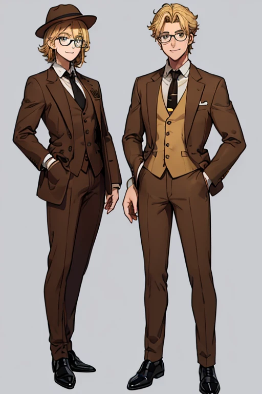 male, blonde short messy hair, blue eyes, (((brown suit jacket))), (white dress shirt), (golden yellow vest), (brown dress pants), (black necktie), (black dress shoes), (brown trilby hat), (glasses), young, long legs, smiling, single man