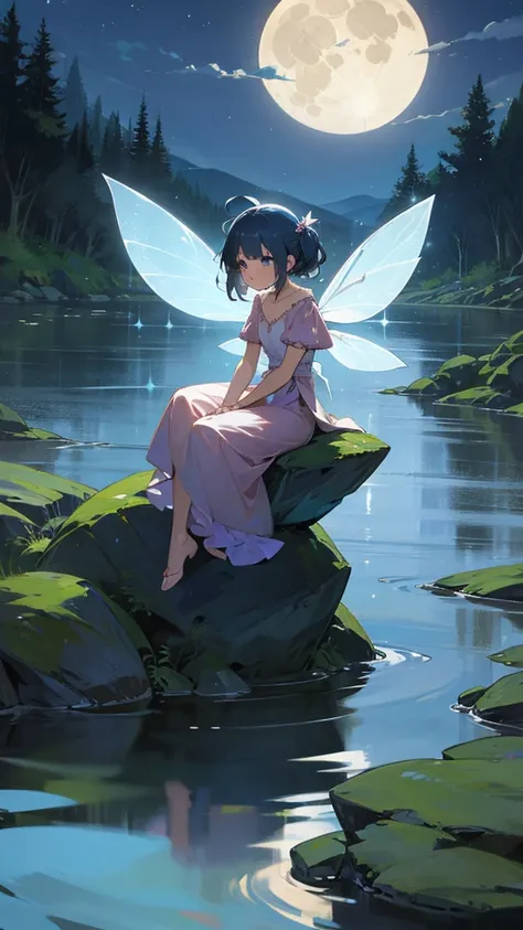 Little sad fairy sitting on a rock by a river lit by the full moon at night