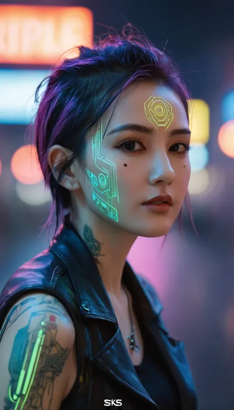 Cyberpunk detailed portrait (sks people), Futuristic neon reflective clothing, Science Fiction, parts, ismail inceoglu dragan bibin hans thoma greg rutkowski alexandros pyromallis nekro rene margitte 插图, Perfect face,  ((Tattoo)), , Matte Skin, Pores, wrin...