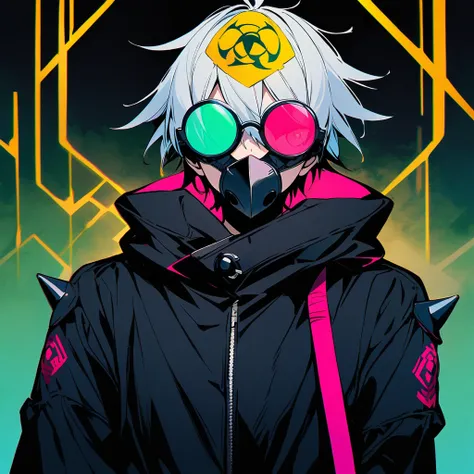 (bem feito: 1) man, shoulder-length white hair with black highlights, pink eyes, circular lens glasses with light green lenses, gaz mask, The gaz mask is predominantly black.   There are metal spikes protruding from the front of the mask.    The two side f...