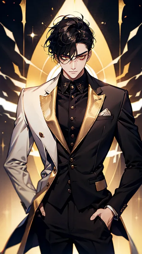 Male character, black hair, golden eyes, wearing a suit.