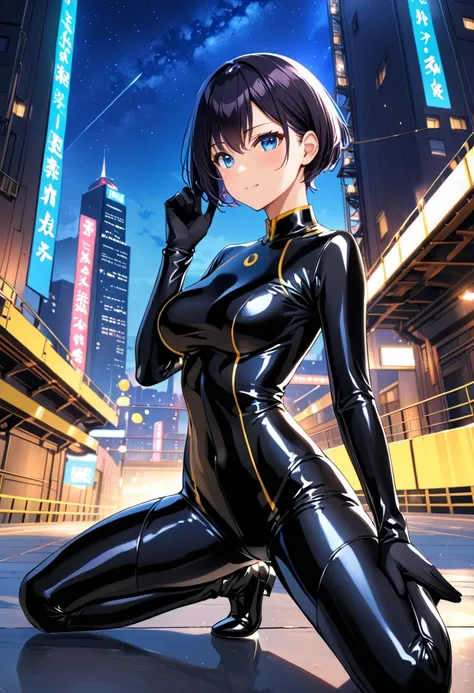 Best Quality，T Masterpiece，Ultimate resolution，１８Old female fighter，Slender、Very slim、Small face、cute、（Kneeling pose），Super Short Hair，((A tight-fitting black combat uniform with a shiny enamel finish:1.0))，Black Hair、Peace talks between warring factions,a...