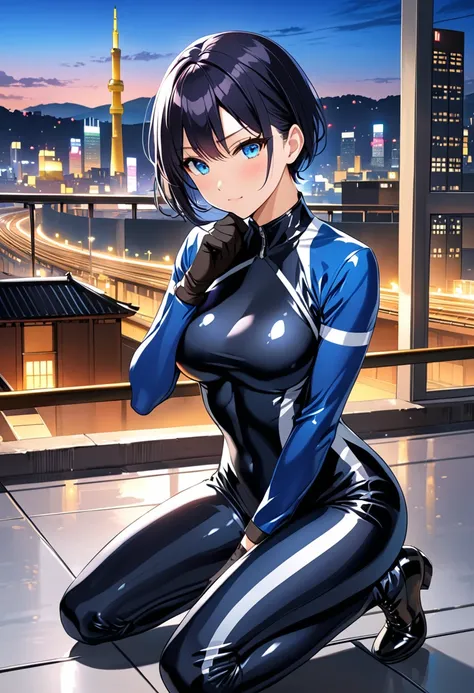 Best Quality，T Masterpiece，Ultimate resolution，１８Old female fighter，Slender、Very slim、Small face、cute、（Kneeling pose），Super Short Hair，((A tight-fitting black combat uniform with a shiny enamel finish:1.0))，Black Hair、Peace talks between warring factions,a...