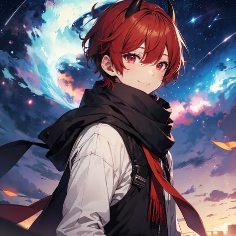 (Highest quality), (masterpiece), 1080P, High resolution, 4K, 8k, boy, Red hair, Red Eye, short hair, Devil horns, black Parker, Upper Body, Lock, Night Sky, Starry Sky, shooting star, pistol, smile, scarf