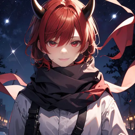 (Highest quality), (masterpiece), 1080P, High resolution, 4K, 8k, boy, Red hair, Red Eye, short hair, Devil horns, black Parker, Upper Body, Lock, Night Sky, Starry Sky, shooting star, pistol, smile, scarf